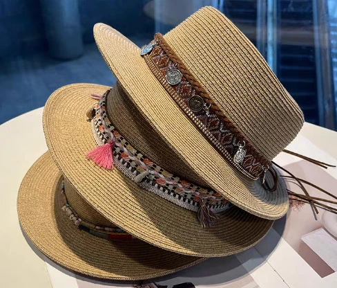 Cappello da spiaggia in paglia da donna marrone Boho