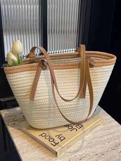 Borsa di paglia fatta a mano in corda di cotone bianca e marrone